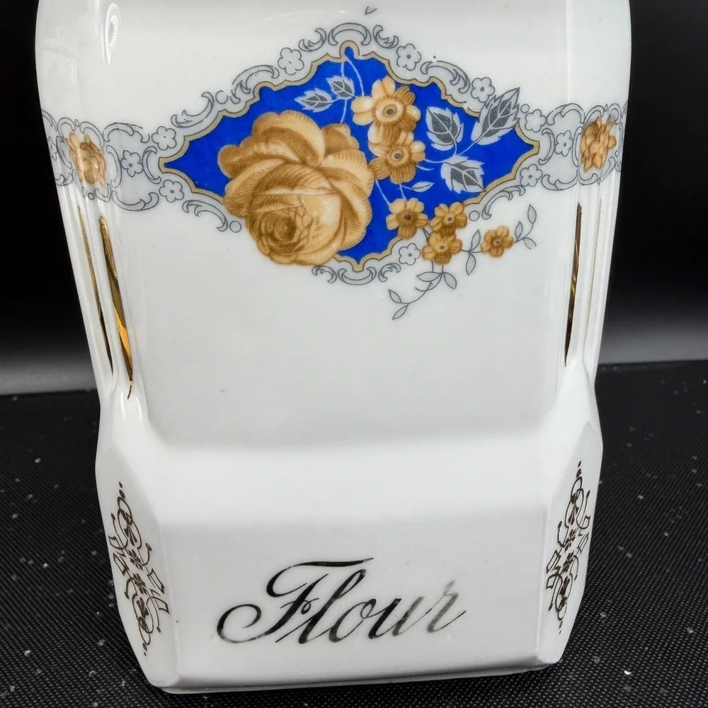 Victoria China Czechoslovakia Flour Canister Vintage Porcelain Blue Gold Rose